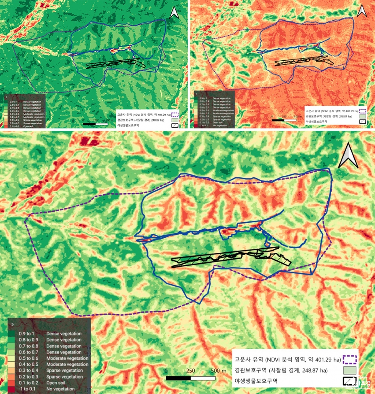 고운사 유역 5월 NDVI 비교 (위 왼쪽부터 시계방향)2024년 5월 23일 산불 전 정상, 2025년 5월 30일 산불 2개월 후, 2026년 5월 18일산불 1년 후.jpg